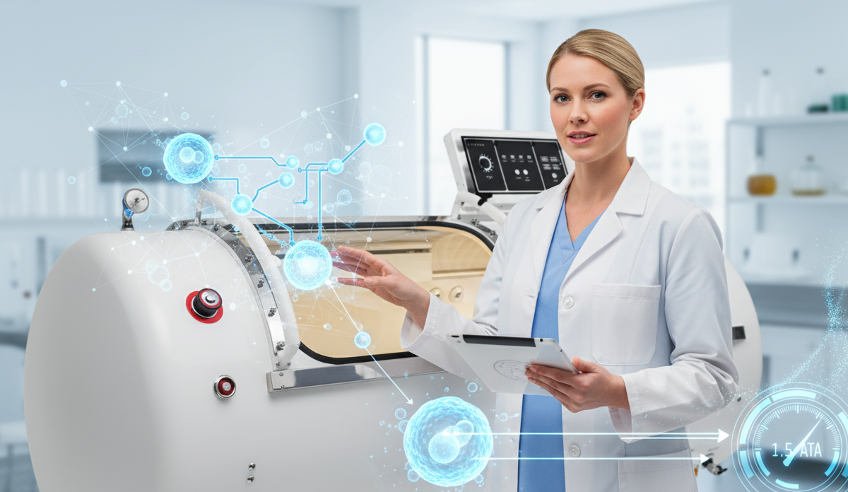 A person explaining the benefits of a hyperbaric oxygen chamber