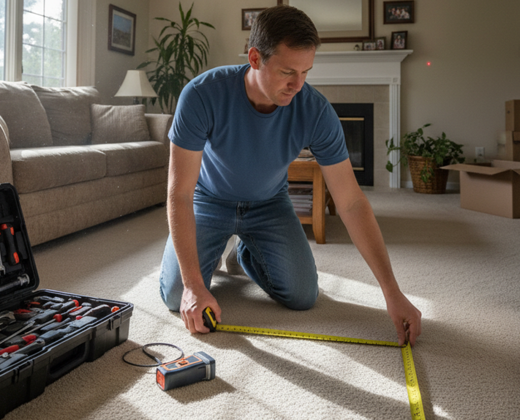 A person measuring the size of a rooms corner