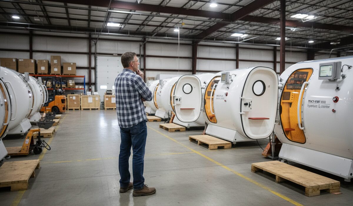A person thinking while looking at a hyperbaric oxygen chamber