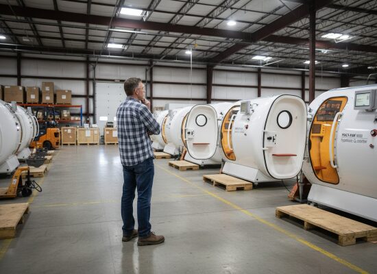 A person thinking while looking at a hyperbaric oxygen chamber