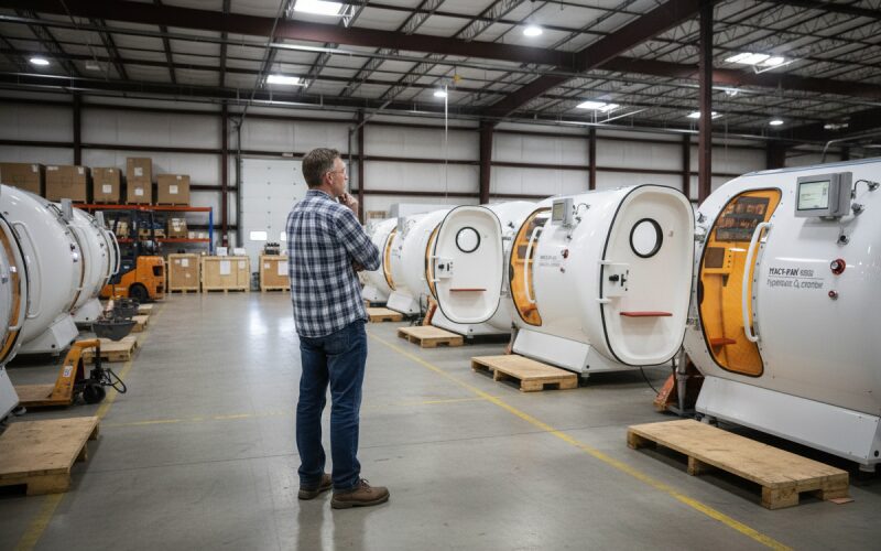 A person thinking while looking at a hyperbaric oxygen chamber