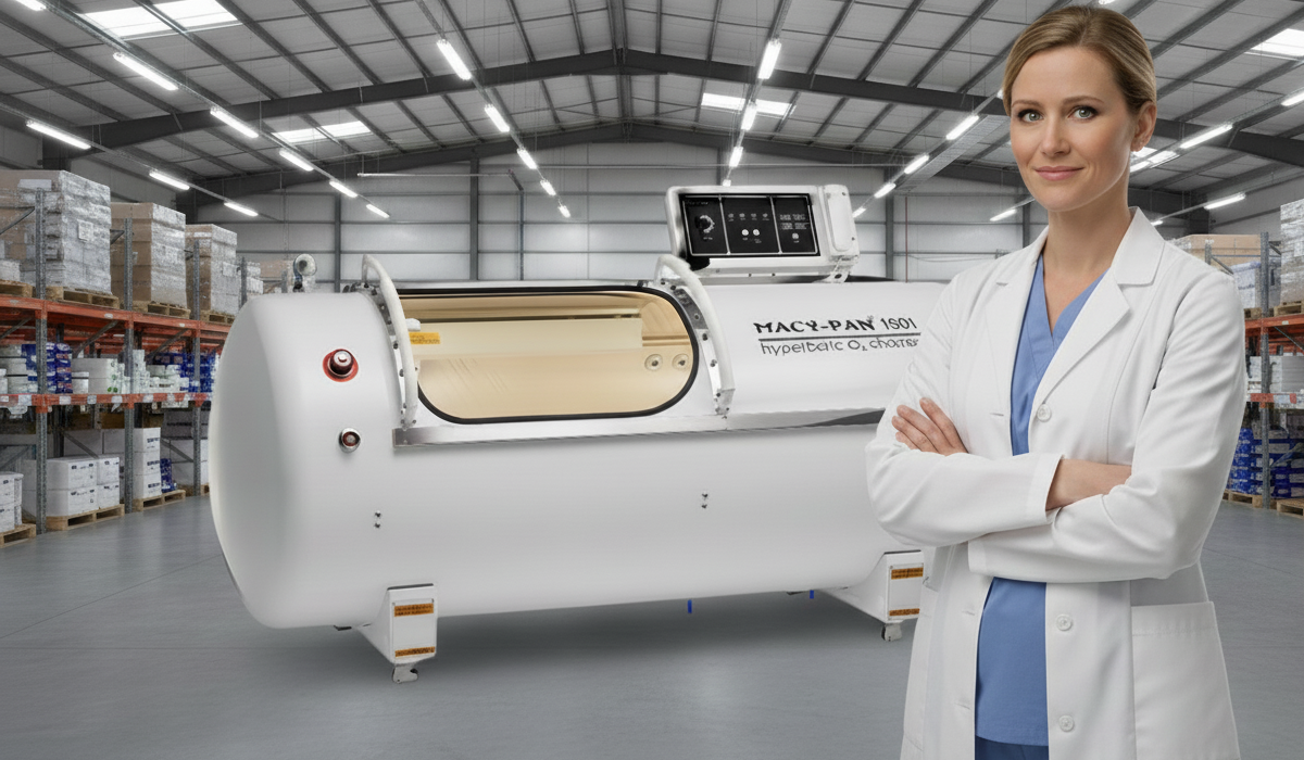 Des personnes debout dans un entrepôt de chambres à oxygène hyperbare