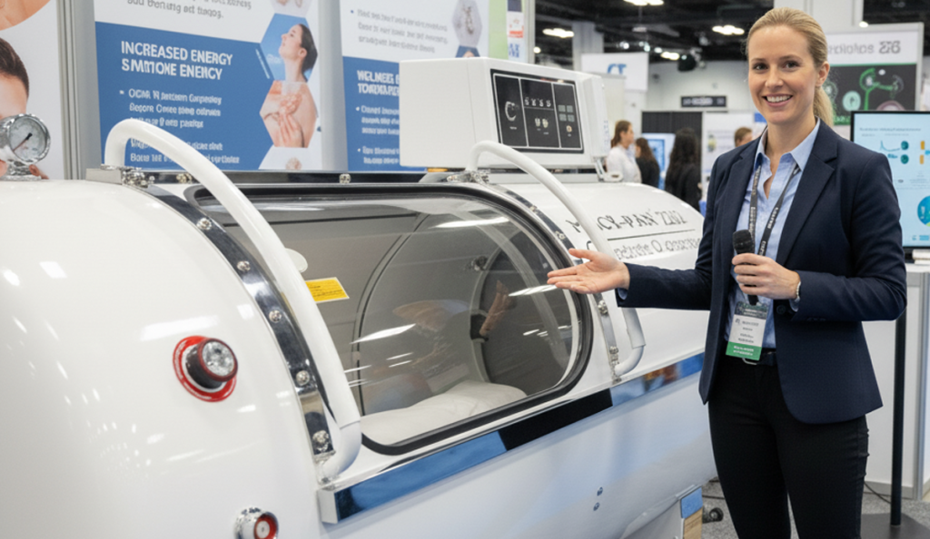 La persona que explica la cámara de oxígeno hiperbárico