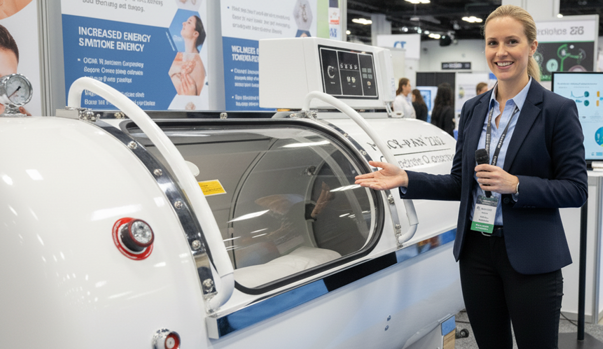 La persona que explica la cámara de oxígeno hiperbárico