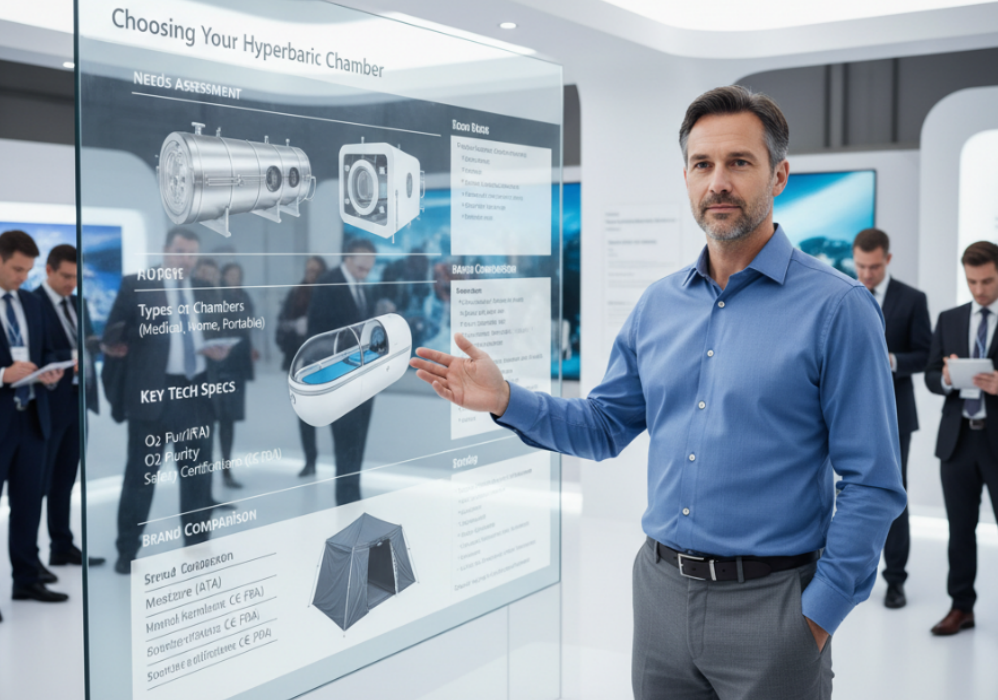 Personas que analizan los precios de las cámaras de oxígeno hiperbárico