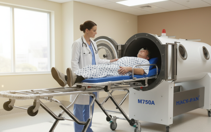 Paciente acostado en una cámara de oxígeno hiperbárico