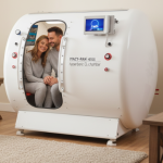 Una pareja sentada en una cámara de oxígeno hiperbárico