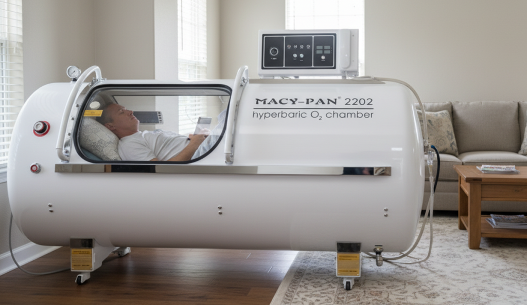 Personas descansando en una camara de oxigeno hiperbarico