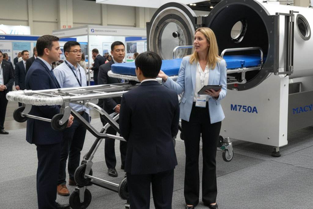 Personas introduciendo la camara de oxigeno hiperbarico