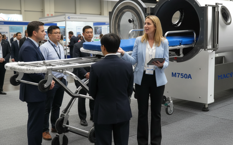 Personas introduciendo la cámara de oxígeno hiperbárico