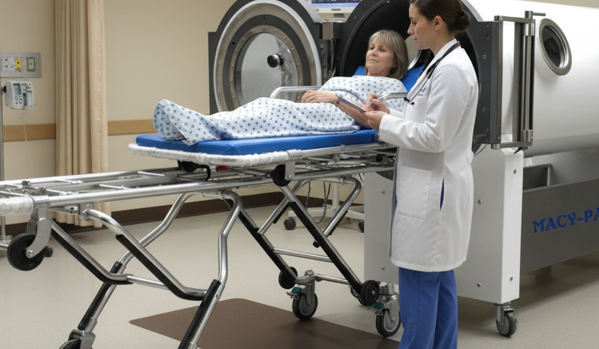 Una paciente acostada en una cámara de oxígeno hiperbárico y el médico atendiéndola_