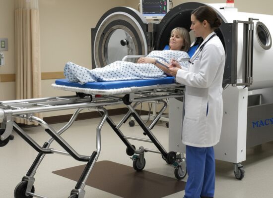 Una paciente acostada en una cámara de oxígeno hiperbárico y el médico atendiéndola_