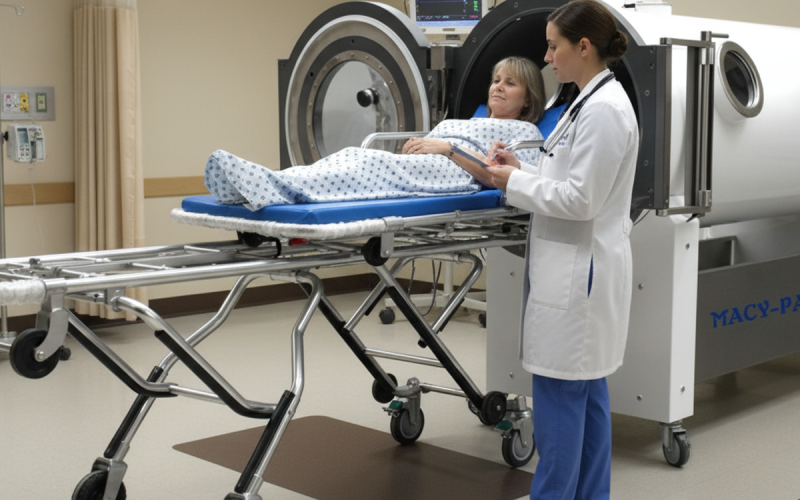 Una paciente acostada en una cámara de oxígeno hiperbárico y el médico atendiéndola_