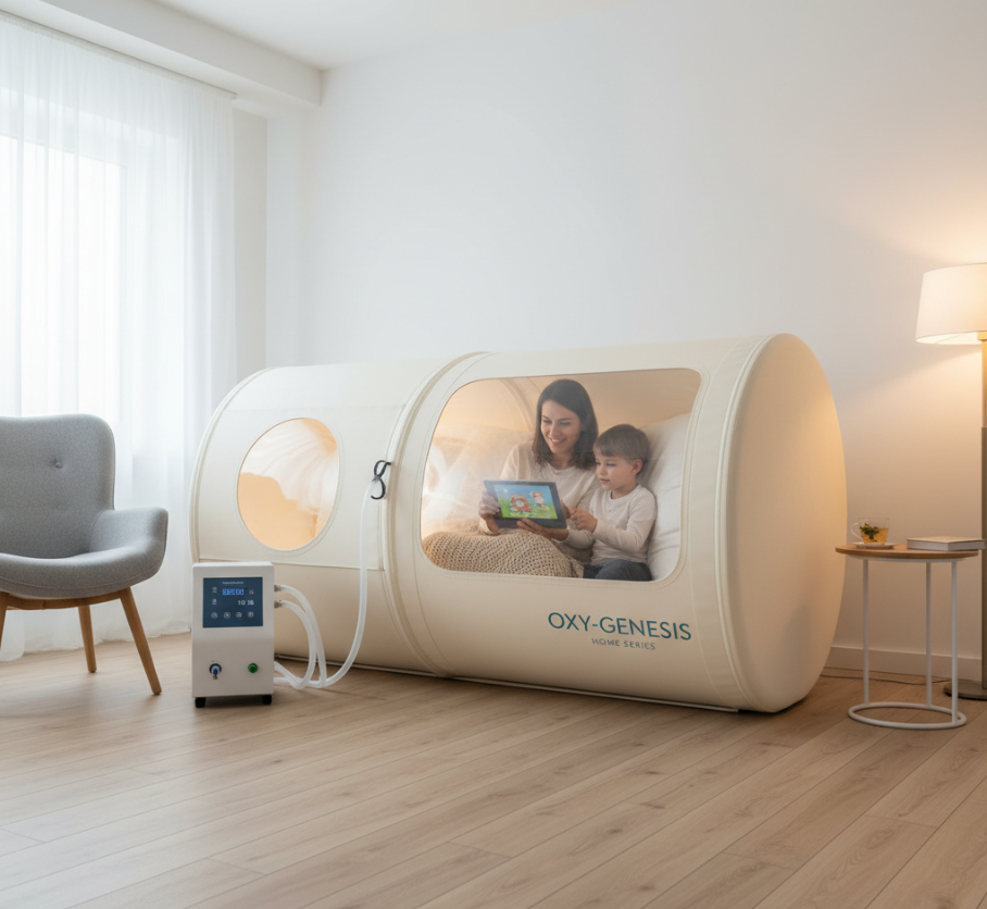 Child and adult in therapy chamber.