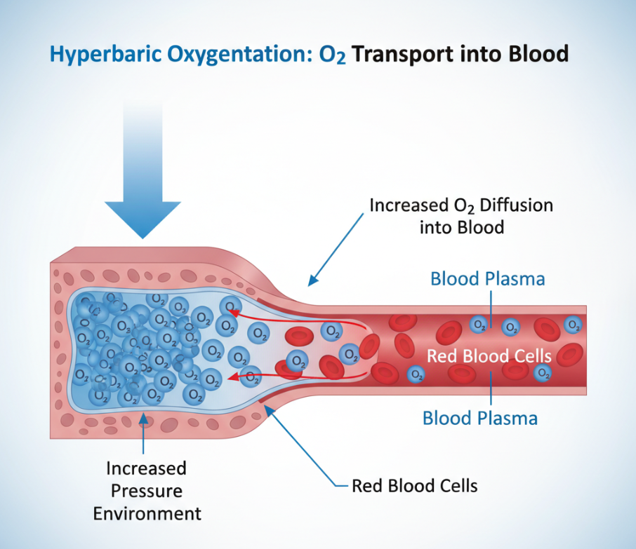 Oxygen molecules entering bloodstream under pressure.