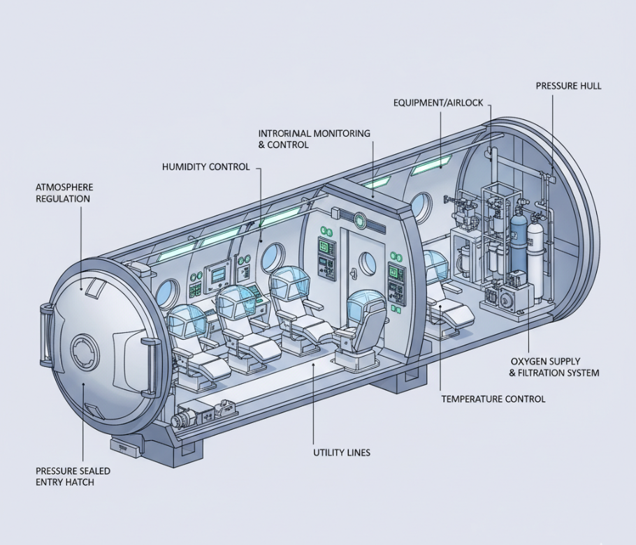 3D schematic diagram of the internal structure of a hyperbaric oxygen chamber.