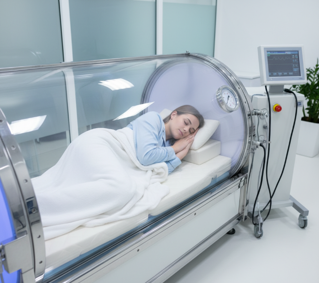 Someone is sleeping in the hyperbaric oxygen chamber.