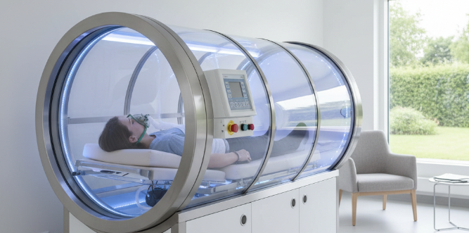 The hyperbaric oxygen chamber offers a comfortable and clean environment.