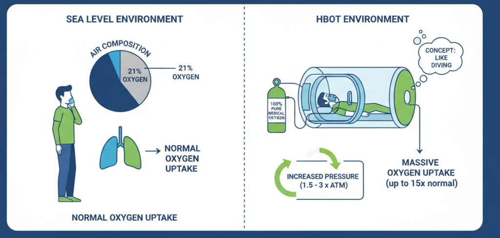 One of the advantages of a hyperbaric oxygen chamber is the combination of pressurization and pure oxygen.