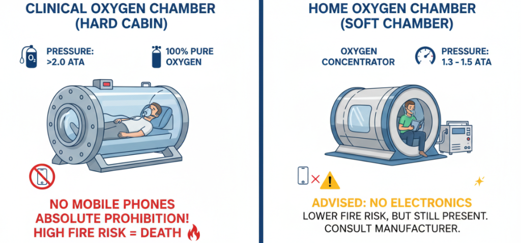 Mobile phones cannot be used inside a hyperbaric oxygen chamber.