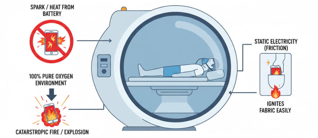 Mobile phones cannot be used inside a hyperbaric oxygen chamber.