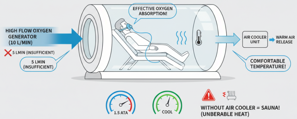 Oxygen and cooling balance in a 1.5 ata hyperbaric chamber