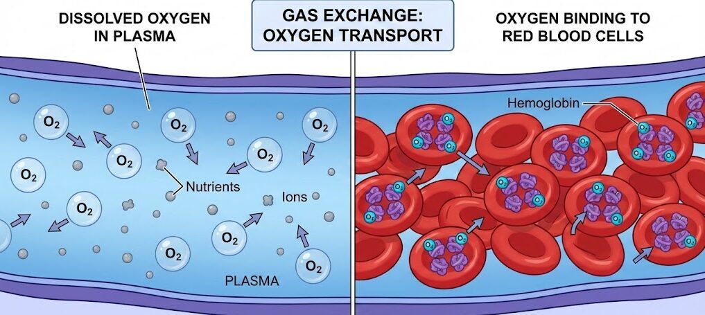 A scientific diagram illustrating oxygen dissolving into plasma, contrasting it with oxygen binding to red blood cells