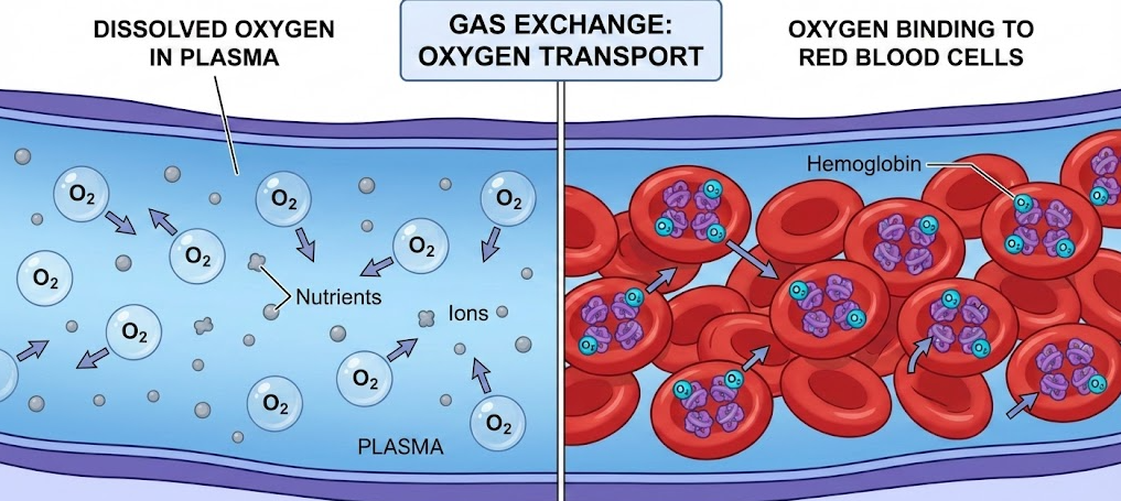 A scientific diagram illustrating oxygen dissolving into plasma, contrasting it with oxygen binding to red blood cells