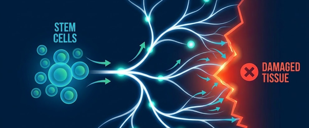 An abstract image representing stem cells traveling to a damaged area.