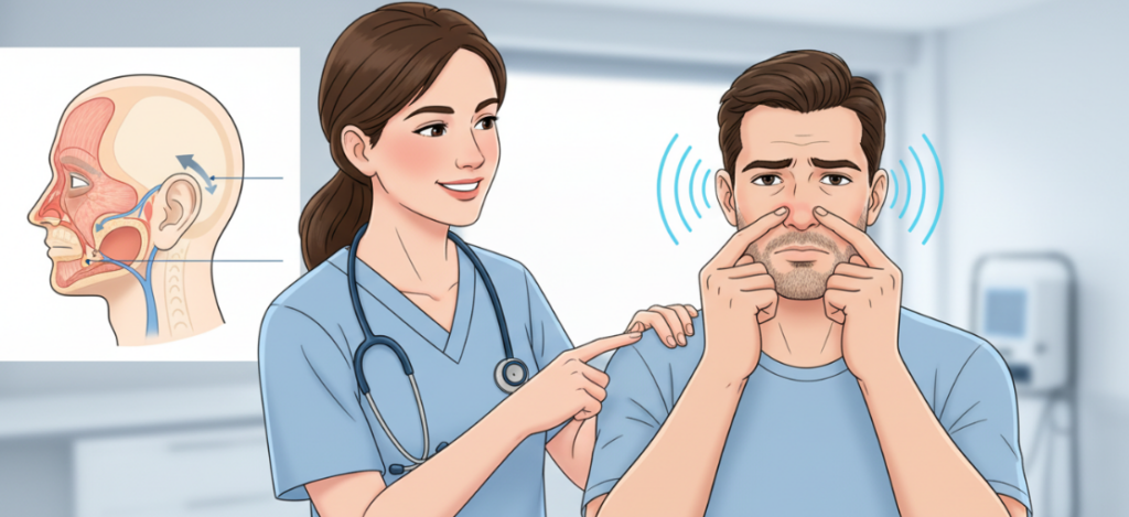 A medical experts guiding a patient through the "Valsalva maneuver"