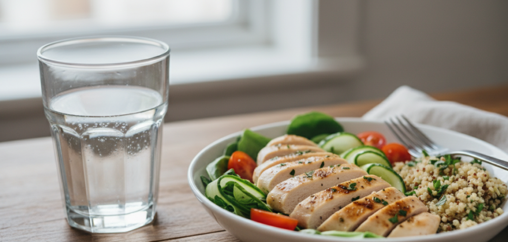 A glass of pure water and a light protein meal