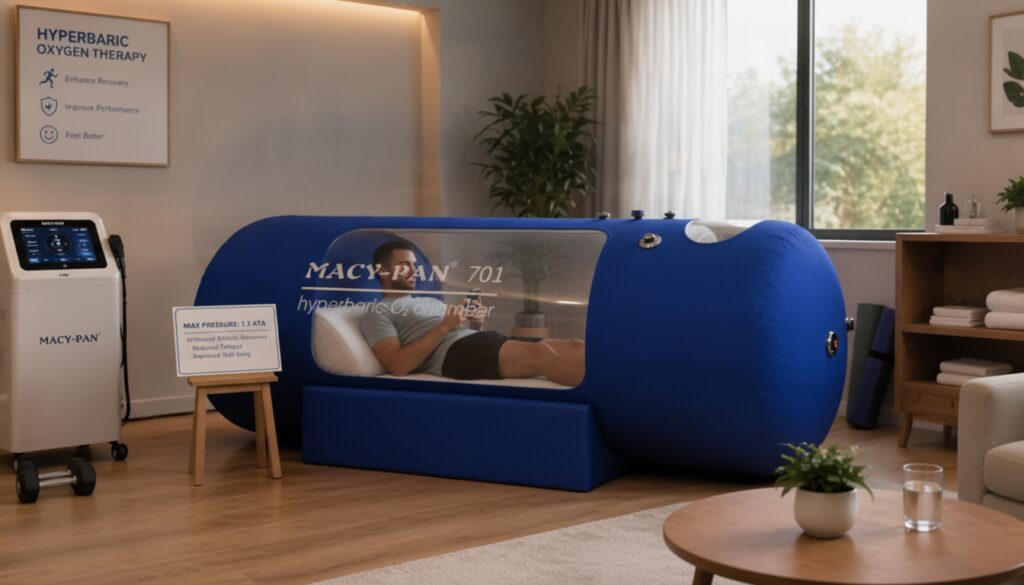 A photo showing an athlete recovering inside a soft-shell chamber.