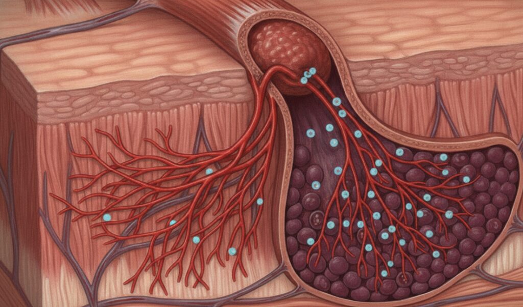 An anatomical illustration showing oxygen dissolved in blood plasma bypassing a blocked artery to reach a hypoxic wound site