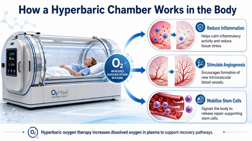 An Infographic Showing A Hyperbaric Oxygen Chamber, With Arrows And Brief Text Indicating The Three Core Mechanisms Of Action Of Hyperbaric Oxygen In The Human Body: Reduce Inflammation, Stimulate Angiogenesis, And Mobilize Stem Cells.