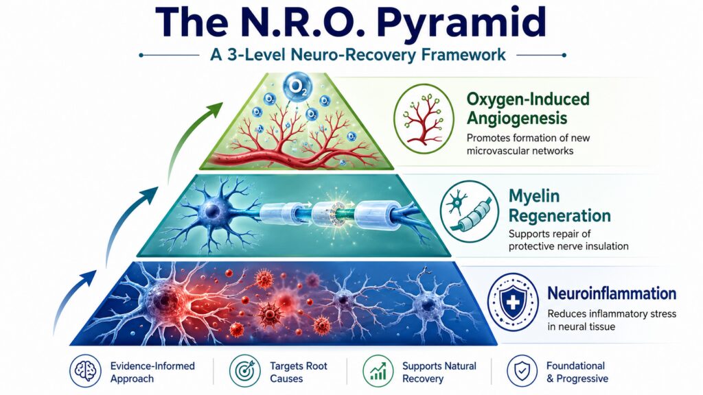 A Custom N.R.O. Pyramid Infographic: Neuroinflammation At The Base, Remyelination In The Middle, And Oxygen-Induced Angiogenesis At The Top.