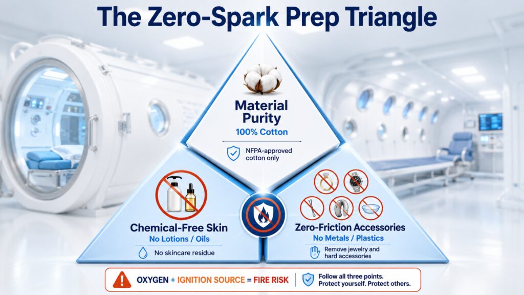 Insert an image here: Design a 3D pyramid diagram, titled “The Zero-Spark Prep Triangle.” Material Purity (100% Cotton) at the top, Chemical-Free Skin (No Lotions/Oils) at the bottom left, and Zero-Friction Accessories (No Metals/Plastics) at the bottom right.