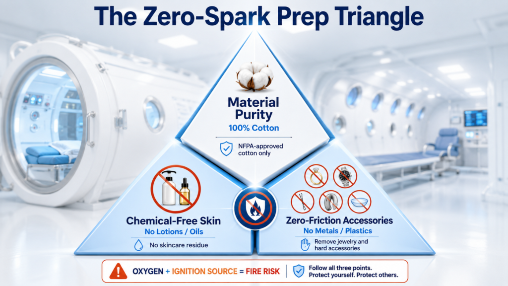 Insert an image here: Design a 3D pyramid diagram, titled “The Zero-Spark Prep Triangle.” Material Purity (100% Cotton) at the top, Chemical-Free Skin (No Lotions/Oils) at the bottom left, and Zero-Friction Accessories (No Metals/Plastics) at the bottom right.