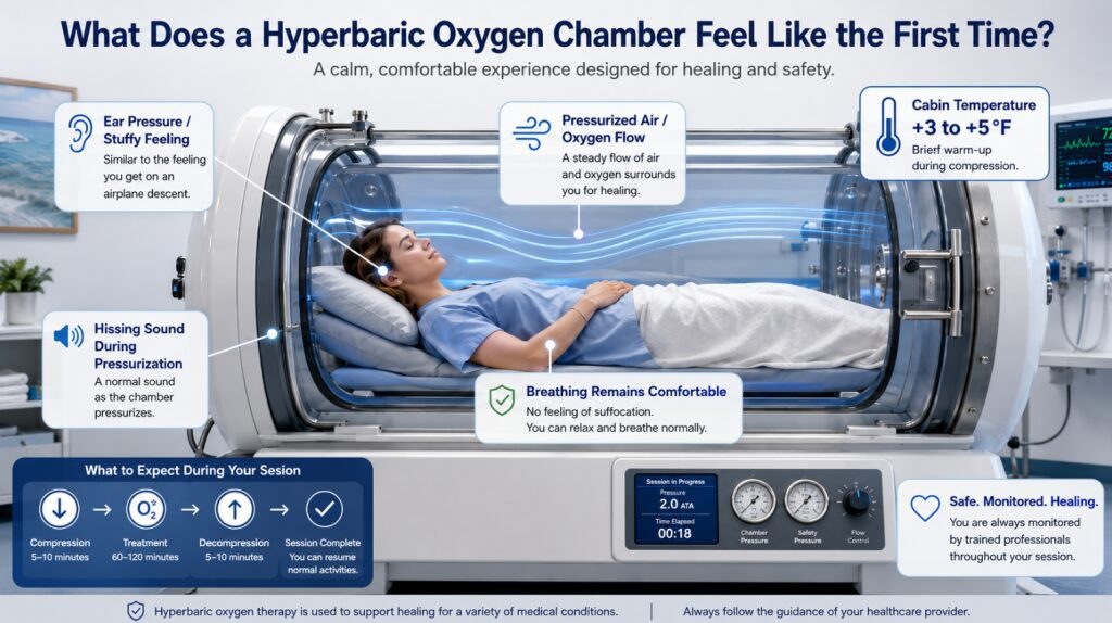  A high-quality infographic showing a cross-section of a patient inside a hard chamber, with arrows pointing to the ears, temperature changes, and oxygen flow lines, visually answering “what does it feel like in a hyperbaric chamber”.