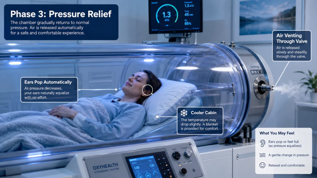 A picture showing a patient entering the chamber, with on-screen text describing the exact sound level and ear sensation at the 2-minute mark.