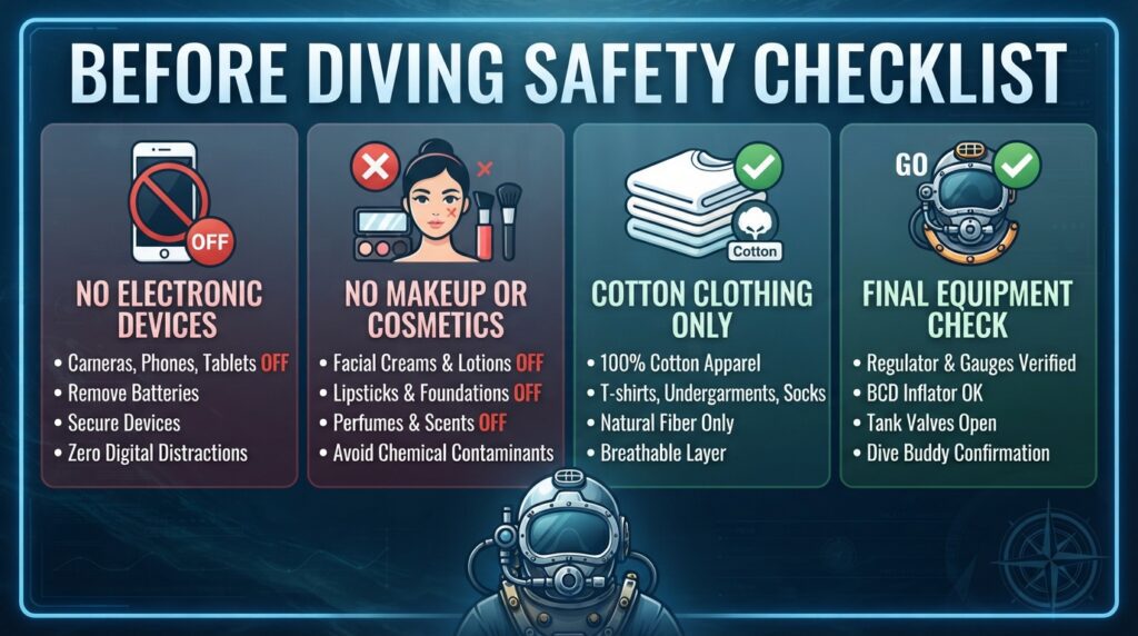 Pre-Dive Safety Checklist Infographic: No Electronic Devices, No Makeup, And Cotton Clothing Only.