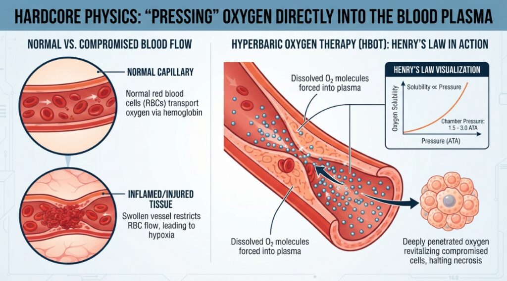 A side-by-side microscopic comparison showing large red blood cells stuck in a swollen artery vs. tiny dissolved oxygen molecules in plasma slipping past the blockage.