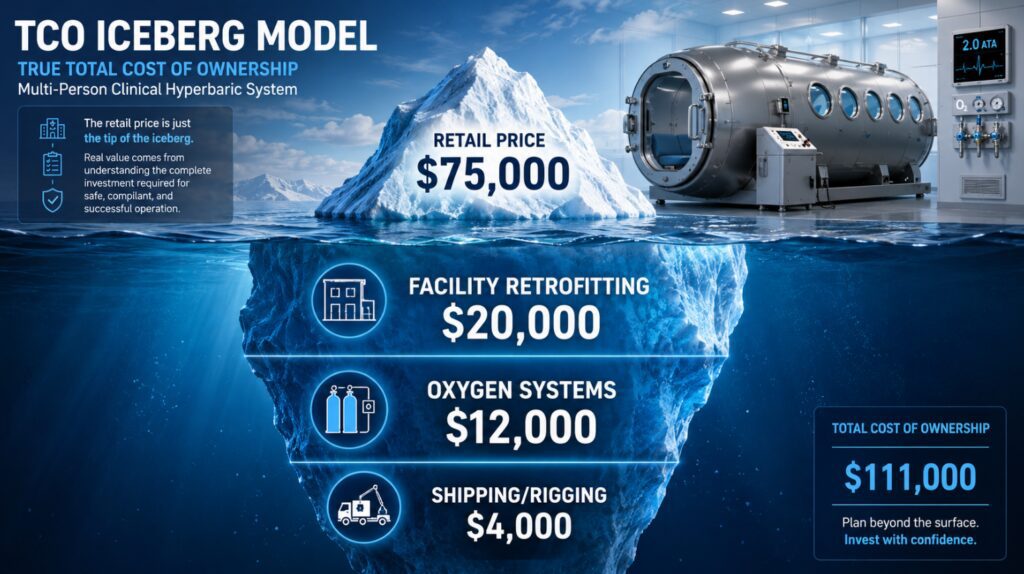Prompt for designer: Insert an infographic illustrating the “TCO Iceberg Model” here. Top of the iceberg shows ‘Retail Price $75,000’. The underwater base shows ‘Facility Retrofitting $20,000’, ‘Oxygen Systems $12,000’, ‘Shipping/Rigging $4,000’.