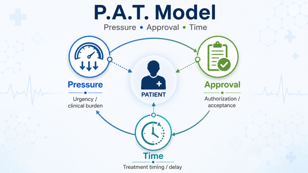 A Diagram Illustrating The P.A.T. Model—Which Combines The Three Dimensions Of Pressure, Acknowledgment, And Time—Featuring The Silhouette Of A Patient At Its Center.