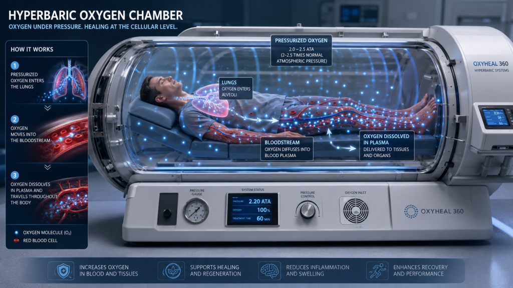 A High-Tech Medical Hyperbaric Oxygen Chamber Demonstrates The Process By Which Oxygen Molecules Are Forced Into Blood Plasma Under Pressure.