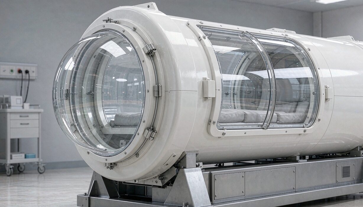 white hard-shell hyperbaric chamber in modern clinic room