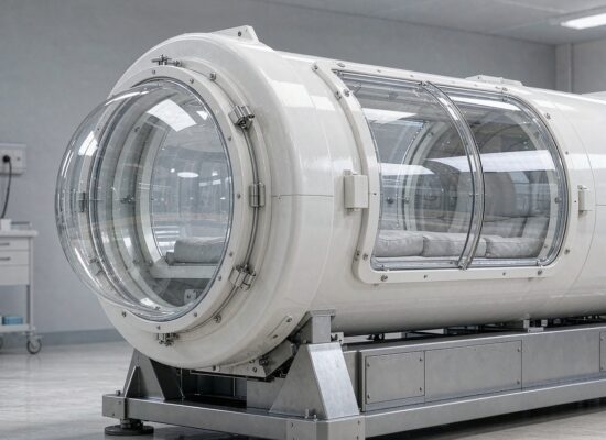 white hard-shell hyperbaric chamber in modern clinic room