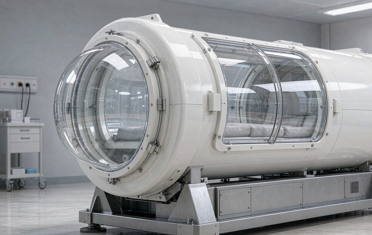 white hard-shell hyperbaric chamber in modern clinic room