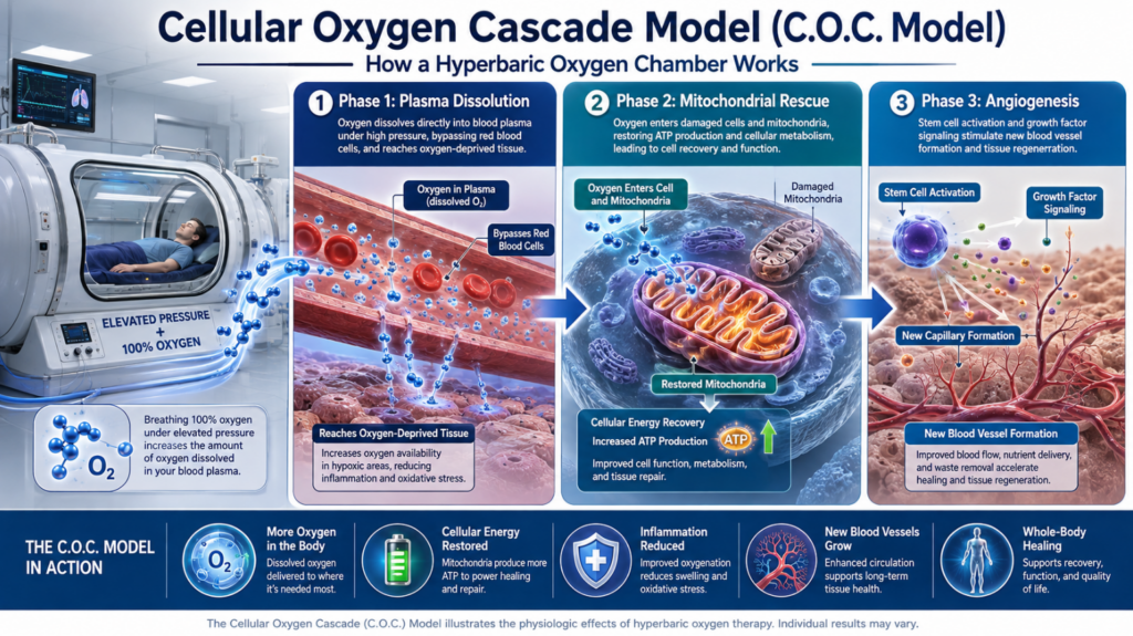 Insert a high-quality “Cellular Oxygen Cascade Model (C.O.C Model)” infogram here, clearly indicating the progressive process of Phase 1 plasma dissolution, Phase 2 mitochondrial rescue, and Phase 3 angiogenesis.