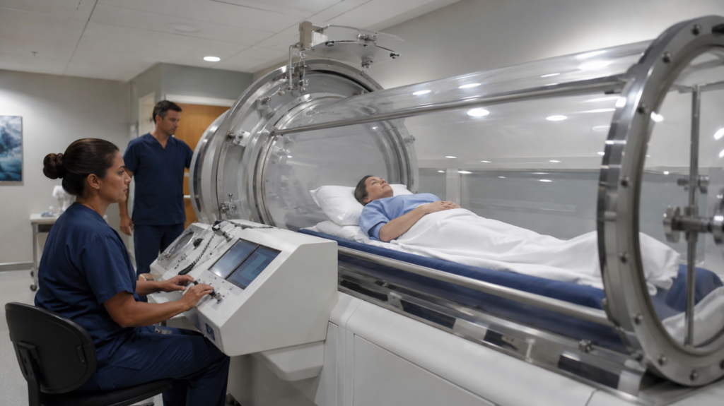 Patients are undergoing treatment in a hyperbaric chamber.