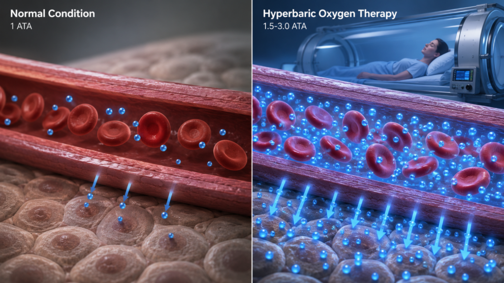 Insert a high-quality 3D data visualization illustration here. The left shows the state of red blood cells transporting oxygen under normal conditions, and the right contrast shows the microscopic picture of oxygen dissolved directly into the plasma to reach saturation under high pressure.
